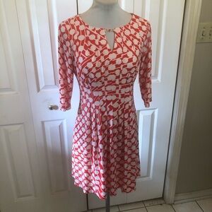 Coral and White Geometric Midi Dress with Keyhole Accent
